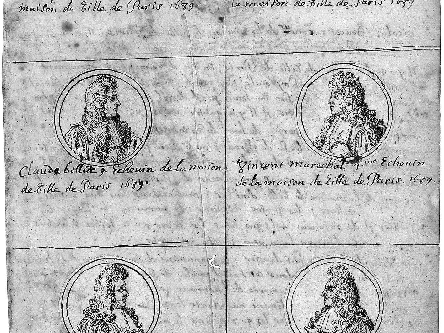 Cl. © RMN-Grand Palais (Château de Blérancourt)/Thierry Ollivier. Portraits en médaillon de Henri Herlau, Pierre Le Noir, Claude Bellier, Vincent Maréchal, Louis Maximilien Titon et Jean-Martin Mitandier, d’après Antoine Coysevox, dessin à la plume, 1699 (Blérancourt, musée franco-américain, inv. P12).