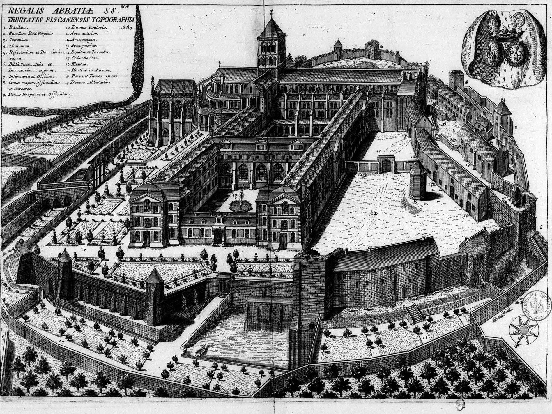 Vue de l’abbaye de Fécamp (Seine-Maritime), REGALIS ABBATIAE SS.MAE TRINITATIS FISCANENSIS TOPOGRAPHIA, 1687, gravure. Cl. BnF/Gallica.